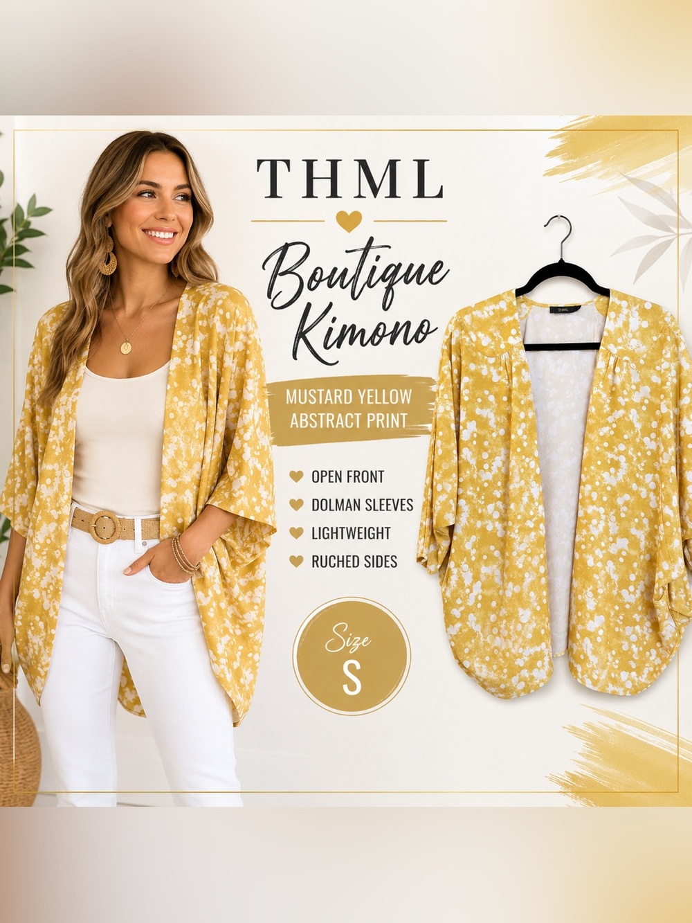 THML Mustard Yellow Abstract Print Open Front Kimono Cardigan Size Small Boho